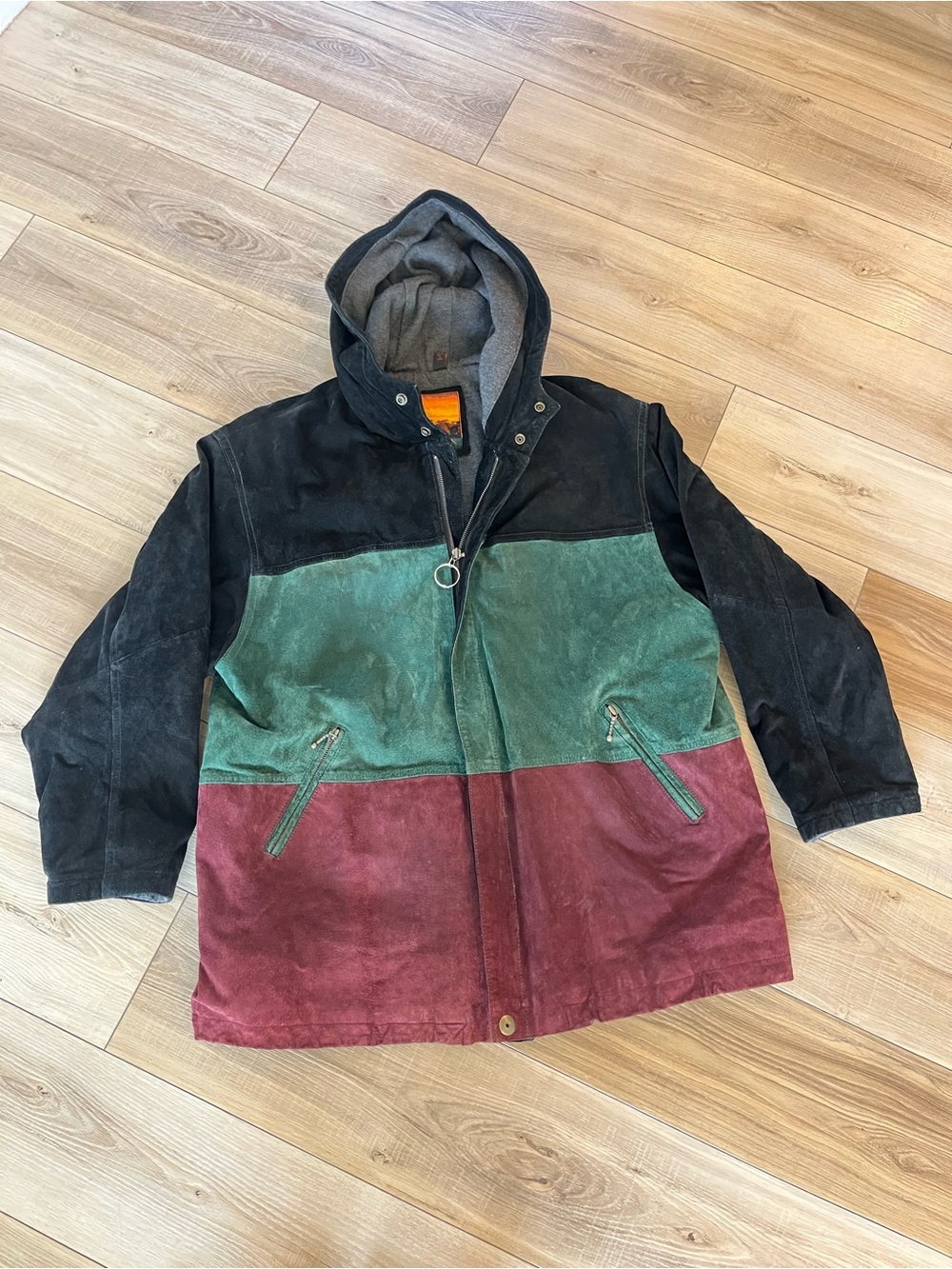VTG Outbrook  Womens 2XL Suede Coat Jacket Color Block Hooded 90s